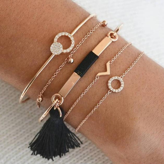 Black Tassel Pav'e 5 Piece Bracelet Set