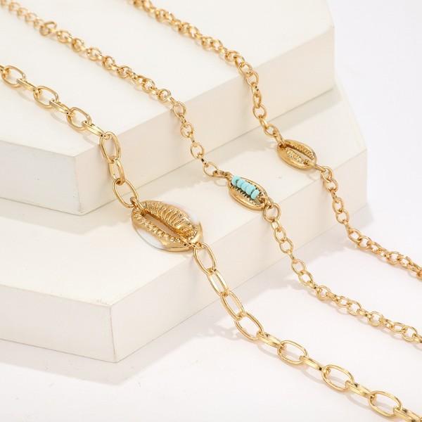 Turquoise Sea-Shell 3 Piece Bracelet Set in 14K Gold