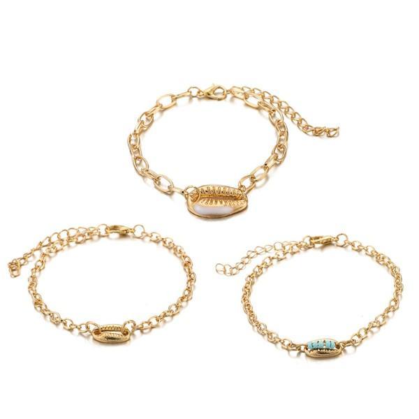 Turquoise Sea-Shell 3 Piece Bracelet Set in 14K Gold