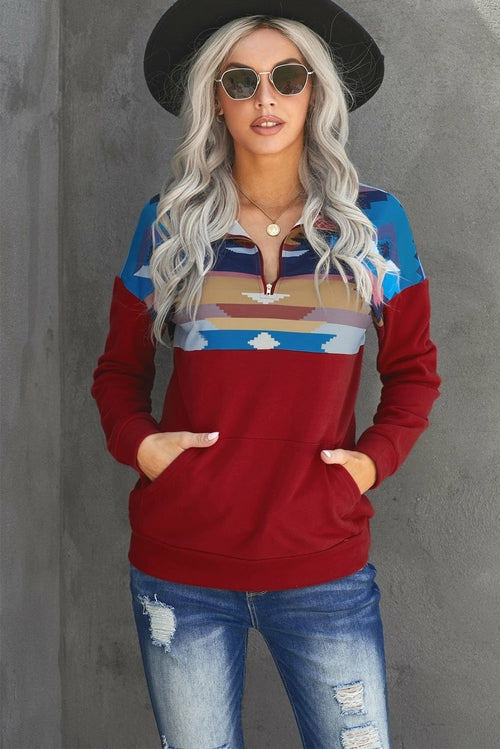 Turn Down Collar Zip Tribal Print Sweatshirt