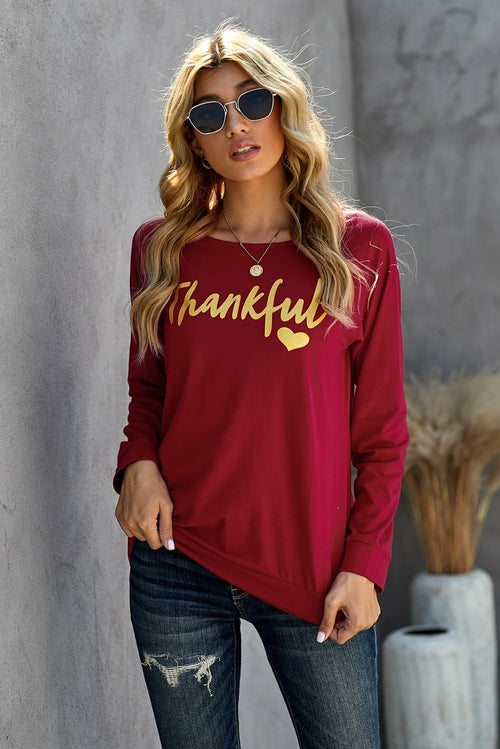 THANKFUL Print Off Shoulder Long Sleeve Top without Strap