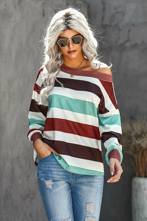 One Shoulder Striped Color Block Lantern Long Sleeve Top