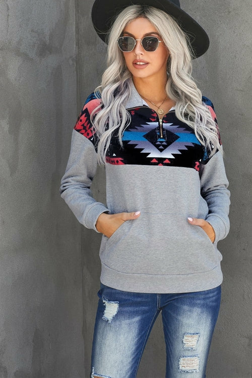 Turn Down Collar Zip Tribal Print Sweatshirt