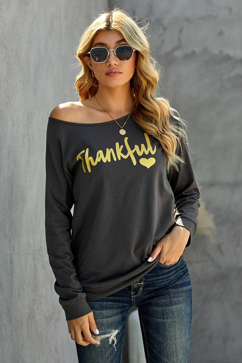 THANKFUL Print Off Shoulder Long Sleeve Top without Strap